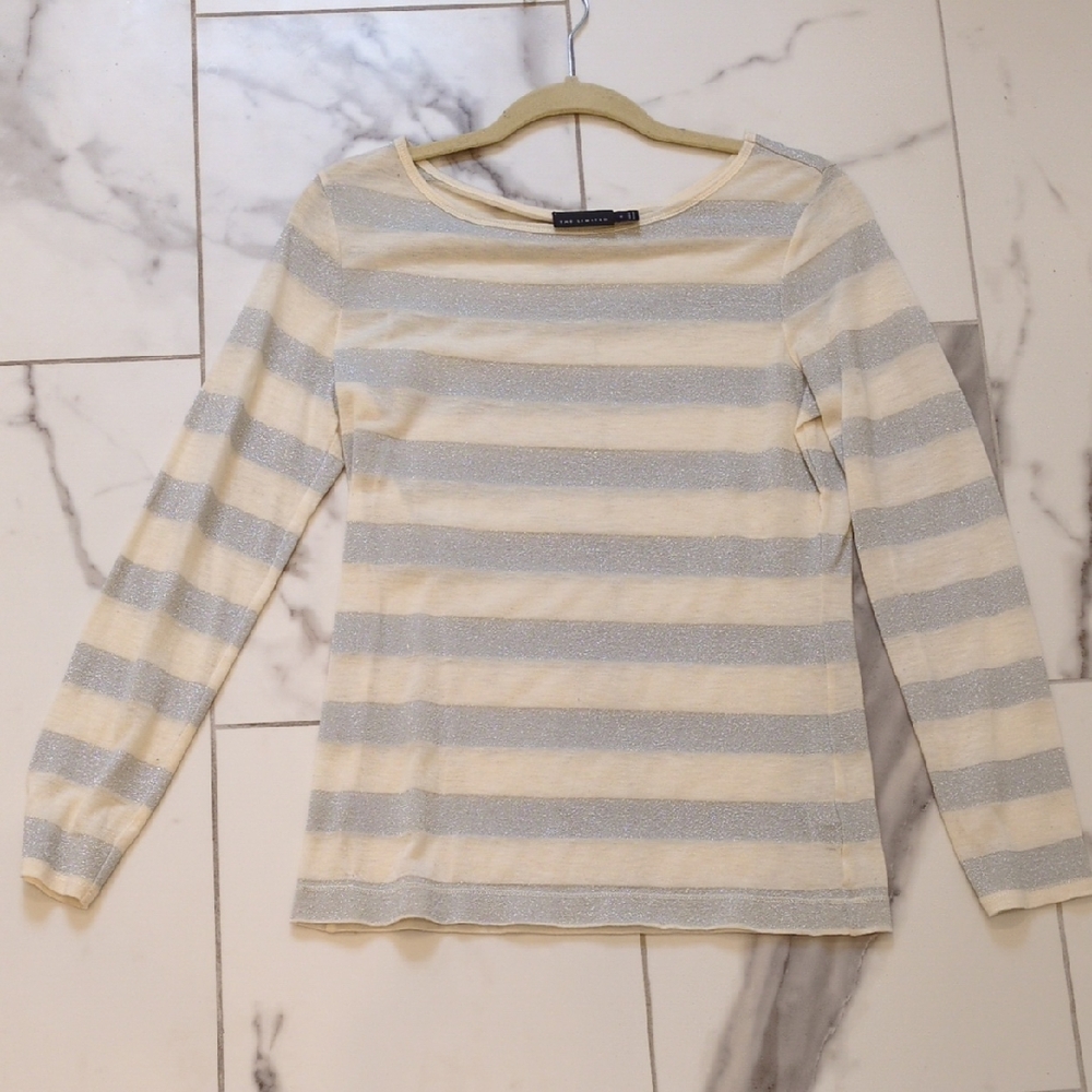 The Limited Cream and Gray Striped Long Sleeve Top